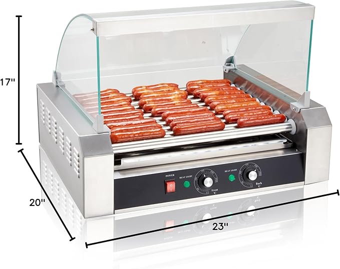 SYBO Hot Dog Roller, 30 Hot Dogs 11 Rollers Grill Cooker Machine with Removable Stainless Steel Drip Tray and Glass Hood Cover, 1430-Watts, Perfect for Commercial And Party