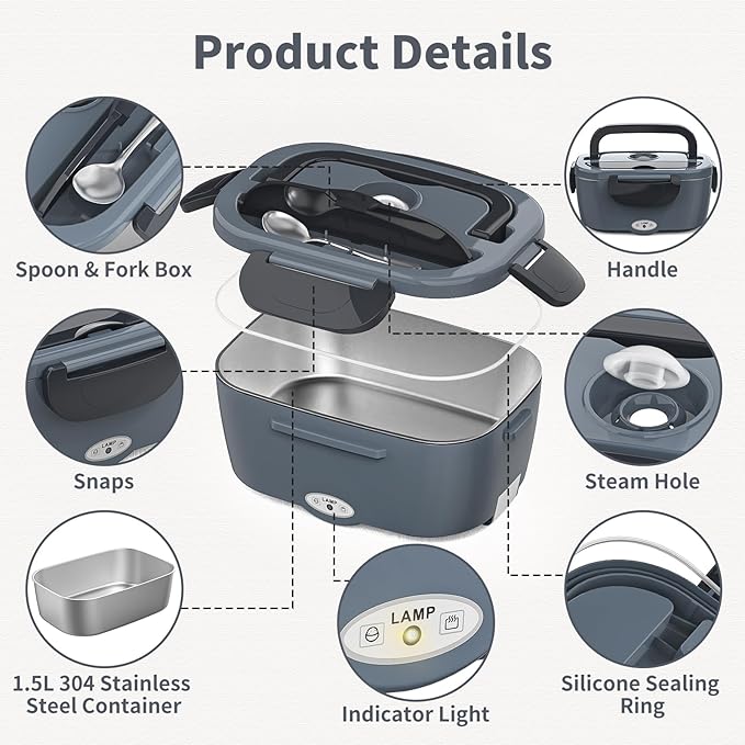Vingud Electric Lunch Box for Adults, Heated Lunch Box Food Warmer, 80W Portable Heating Lunchbox for Men/Car/Truck with 1.5L Stainless Steel Container, 12V/24V/110V Lonchera El챕ctrica Port찼til Gift