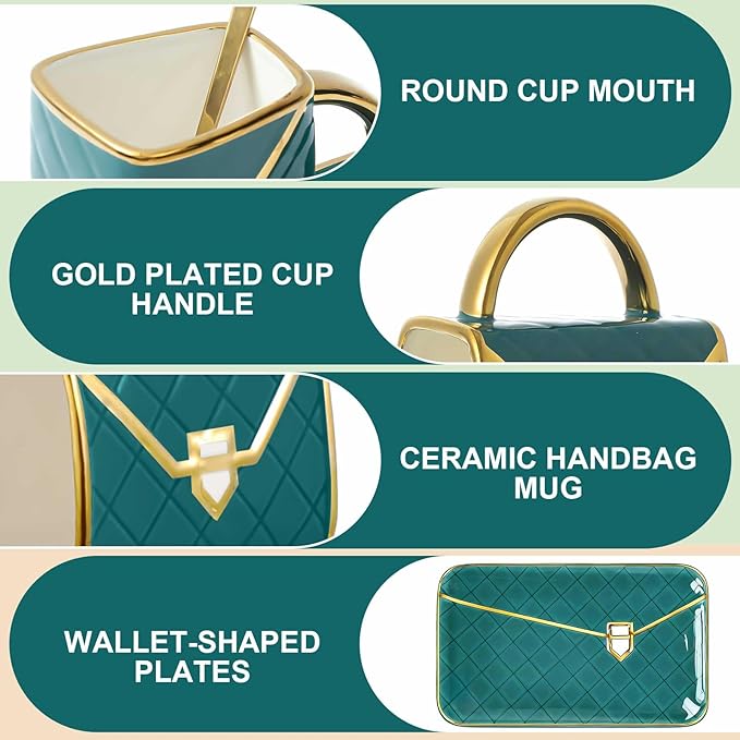 Zubebe 1 Set Coffee Mug Elegant Handbag Shaped Cup Valentine's Day Modern Ceramic Purse Mug with Spoon and Saucer, 10oz Cute Creative Tea Cup for Woman Girls Gift (Dark Green)