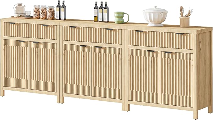 FLOWBACK Fluted Sideboard Buffet Cabinet with Large Storage,Modern Credenza Coffee Bar Cabinet with Adjustable Shelves, Farmhouse Console Table for Kitchen, Living Room, Entryway, 3 Pieces