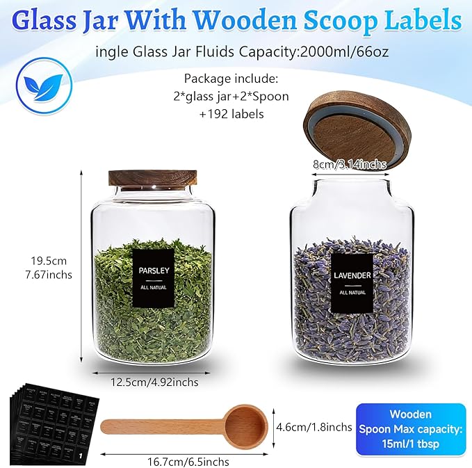 Glass Food Storage Jar with Lids Spoon Glass Coffee Canister Borosilicate Glass Food Containers for Ground Coffee Beans Nut Pasta Sugar Candy Spice Rice Tea (2000ml/67oz-2 Pack)