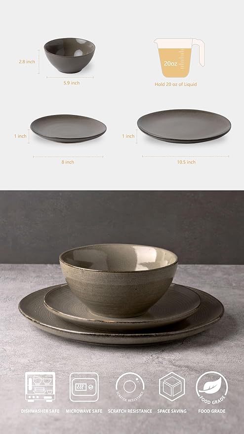 famiware Plates and Bowls Sets for 4, 12 Pieces Stoneware Dinnerware Sets, Dishes Set, Reactive Glaze Dishware Sets, Dishwasher & Microwave Safe, Tempus Series - Dark Olive