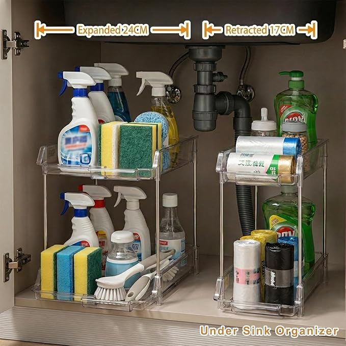 Expandable Cabinet Organizer Shelf, 2-Tier kitchen Counter Organization Shelves, Spice Rack,Clear Plastic Countertop Storage Rack for Makeup, Pantry, Cupboard, Bathroom, Desk Organization