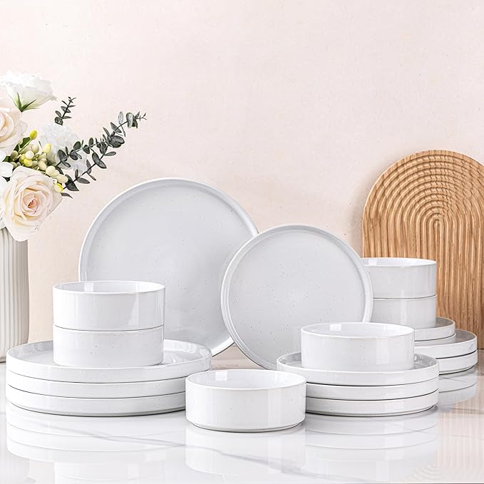 GBHOME Dinnerware Set for 6, 18 Piece Speckled Plates and Bowls Set with Glazed Bottom, Chip & Scratch Resistant Stoneware Plates Sets, Dishwasher & Microwave Safe Dishes, White