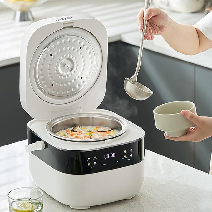 3L Smart Rice Cooker, 6-Cup Uncooked, Fuzzy Logic, Stainless steel spherical inner pot with non-stick ceramic glaze coating, Keep Warm, Cream White