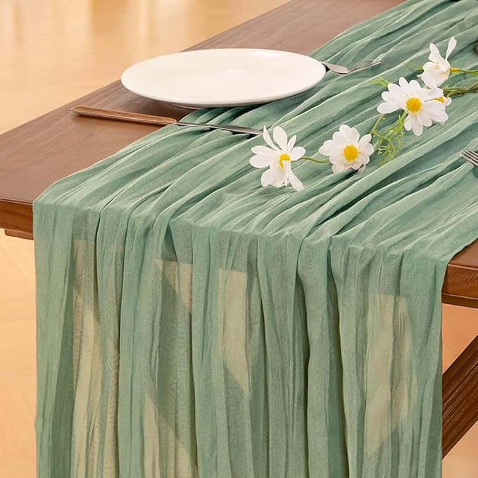 Socomi 10pcs Sage Green Cheesecloth Table Runner Valentine's Day Boho Rustic Gauze 120 inch 10FT Cheese Cloth Runner for Wedding Party Baby Shower Home Decor Holiday Decorations