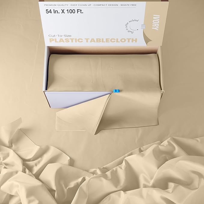 Party Solids 54 Inch X 100 Feet Ivory Plastic Table Cover Roll in A Cut - to - Size Box with Convenient Slide Cutter. Cuts Up to 12 Rectangle 8 Feet Plastic Disposable Tablecloths