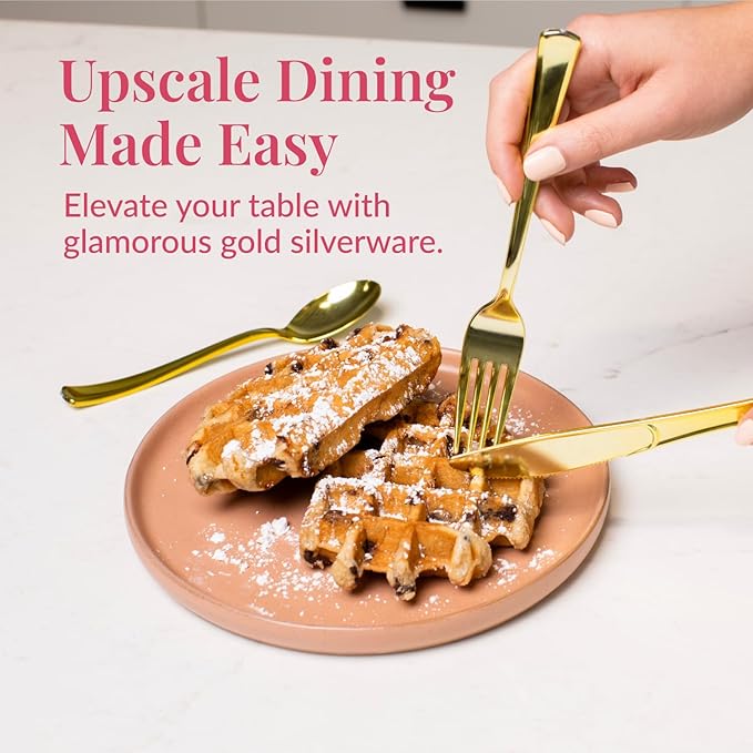 Prestee 300 Count Gold Plastic Silverware Set - Heavy Duty Disposable Cutlery with 100 Forks, 100 Spoons, and 100 Knives - Elegant Gold Plastic Forks and Spoons for Weddings, Holidays, and Parties