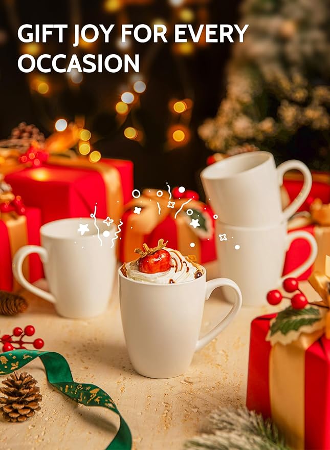 Sweese Porcelain White Coffee Mugs - 12 Ounce - Set of 6, Coffee Cups for Latte, Hot Tea, Cappuccino, Mocha, Cocoa, Festival Gift, Microwave Safe 