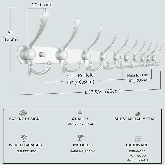 Dseap Coat Rack Wall Mount - 29.5??Long 8-Tri-Hooks Heavy Duty Coat Hanger Rail Wall Hooks for Hanging Coats Hats Clothing Clothes Purse Mudroom Entryway, Silver
