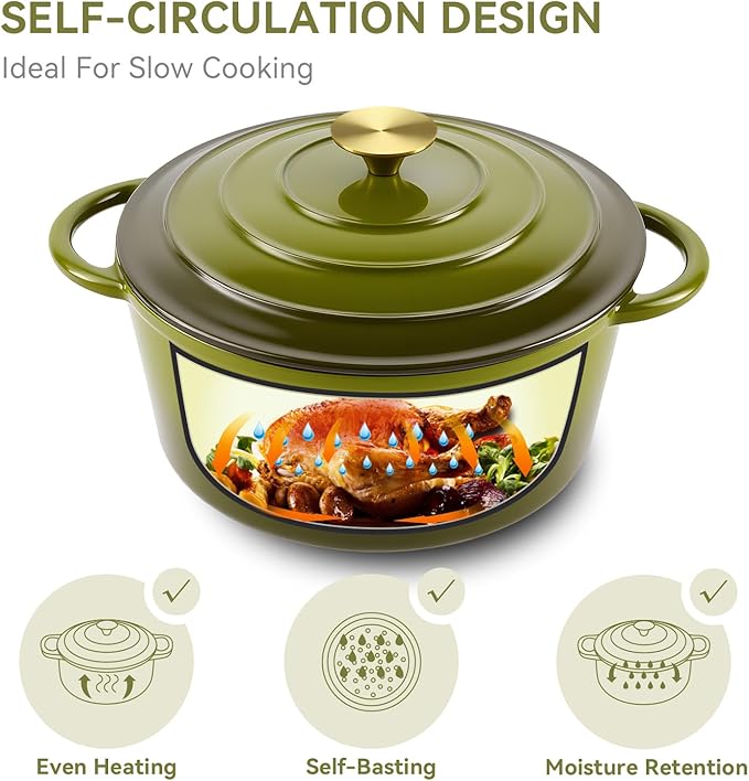 Miereirl 4.5 Quart Enameled Dutch Oven Pot with Lid, Cast Iron Dutch Oven with Dual Handles for Bread Baking, Cooking, Non-stick Enamel Coated Cookware, Golden Green