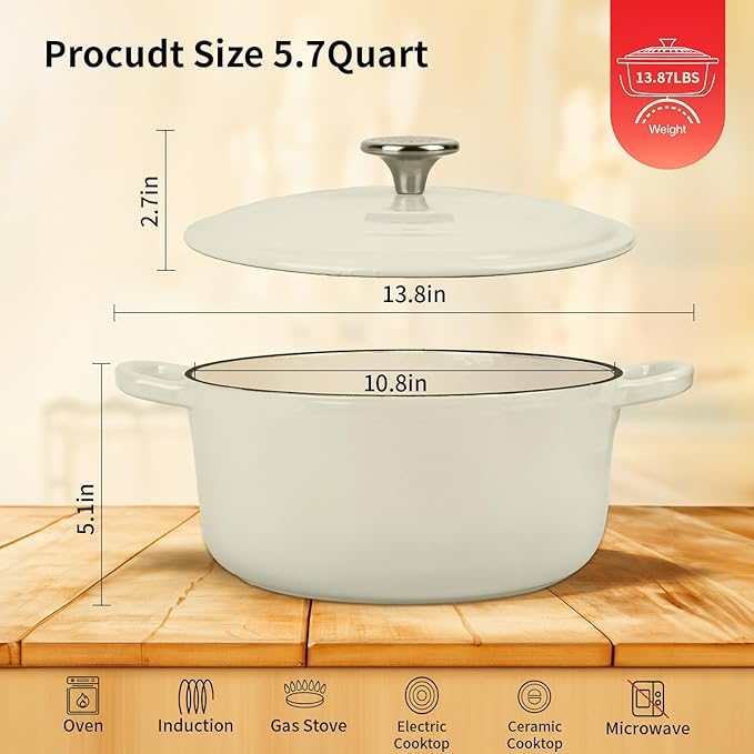 Enameled Cast Iron Dutch Oven Pot with Lid, 5.7 Quart Dutch Oven for Bread Baking, Oven Safe up to 500째 F, Suitable for Bread Baking, Braising, Roasting, Stews, White
