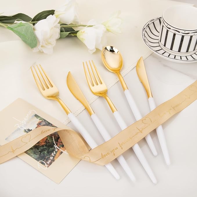 I00000 144Pcs Gold Plastic Silverware, Gold Plastic Utensils Set,Disposable Utensils Heavy Duty,Disposable Silverware Set Includes 48 Forks,48 Knives,48 Spoons for Wedding & Party