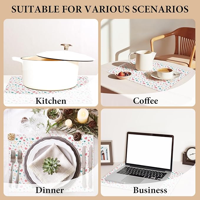 Cotton Linen Waterproof Placemats Set of 4, Pink Love Hearts Dining Mat Table Mats Decor Fabric for Kitchen Dinner Coffee Shop Table, Indoor/Outdoor Washable Wipeable Placemat -N032