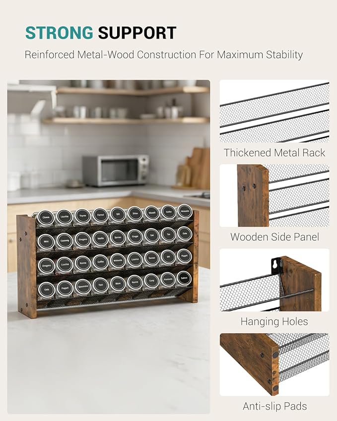 NESAPTO Spice Rack Organizer for Cabinet, Wooden 4 Tier Vertical Seasoning Organizers for Kitchen Pantry, Countertop/Wall Mount, Holds 36 Spice Jars (No Jars Included), 17.2" W 횞 9.4" H
