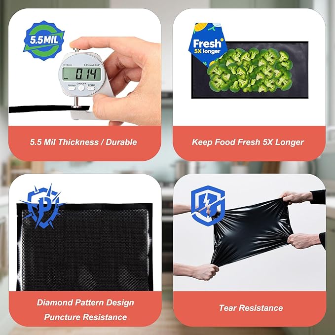 All Black Vacuum Sealer Rolls 11" x 50', 5.5 Mil Vacuum Seal Bags for Food Storage, Sous Vide, and Meal Prep, Heavy Duty Commercial Grade (2 Rolls, Total 100 Ft)