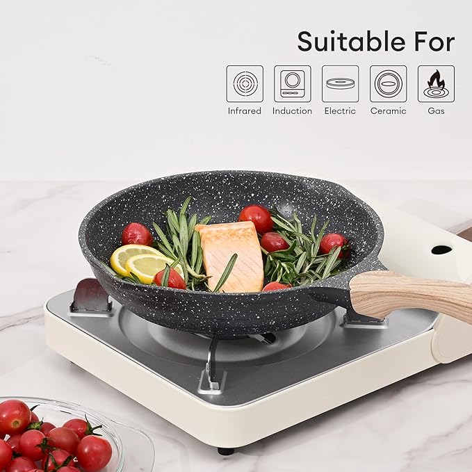 JEETEE 11 Inch Nonstick Frying Pan, Stone Coating Cookware, Nonstick Omelette Pan with Heat-Resistant Handle, Compatible with All Stoves (Grey)