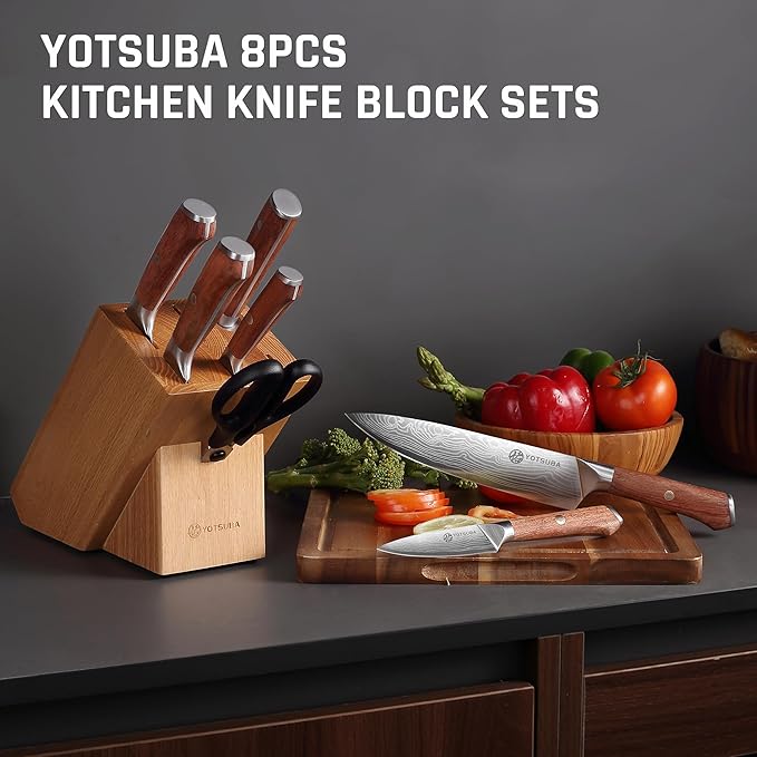 YOTSUBA Kitchen Knife Set, 8 PCS Knife Set with Block, High Carbon Stainless Steel Chef Knives Set, Sharp Knives Set for Kitchen, Japanese Knife Set with Ergonomic Rosewood Handle