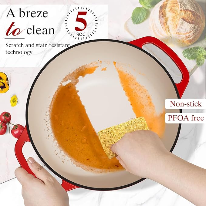 Umite Chef 6QT Enameled Cast Iron Dutch Oven with Lid, Versatile Heavy-Duty Cookware Pot for Baking Bread, Braising, Soups & Stews, Oven & Stovetop Safe with Heat Resistant Gloves(Red)