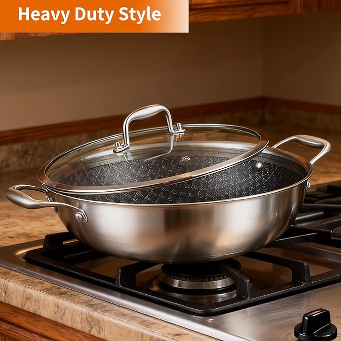 DELARLO Tri-Ply Stainless Steel Wok 13in Nonstick Deep Wok Pan with Lid,Stir-Fry Pans,5.5QT Cooking Pot induction Large woks,Compatible with All Cooktops Up to 550째F(Double Handle)
