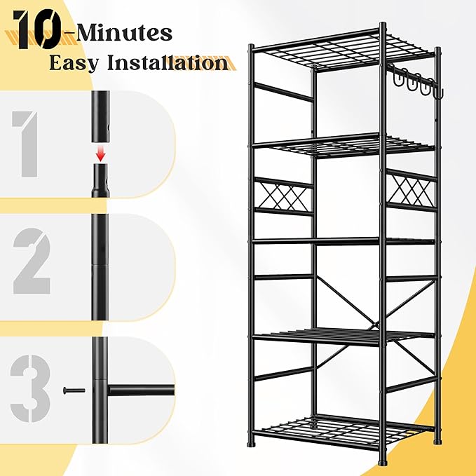 5-Tier Storage Shelves,Sturdy Metal Shelving Unit with Hooks,Wobble-Free Storage Rack with Leveling Feet,Slim Standing Shelf Organizer for Kitchen Pantry Laundry Bedroom,17.7?쓂횞11.8?쒭 횞58.3?쒱,Black