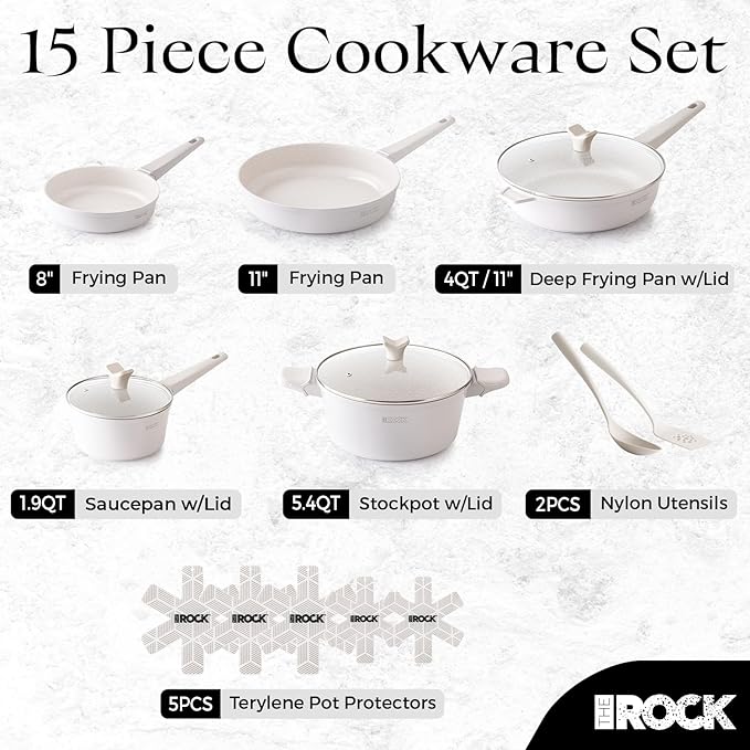 THE ROCK SOHO 15Pcs Ceramic Cookware Set ??Non toxic Pots and Pans Set Non Stick with ROCK.TEC ??Nothing Sticks, Never Warps, Lasts Longer, PTFE PFOA & PFAS Free, Induction & Dishwasher Safe, Cream