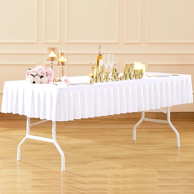 Wish Care 2 Pack White Spandex Table Clothes for 8 Foot Rectangle Tables Wrinkle Free Stretch Fitted Tablecloths 8ft Pleated Ruffle Elastic Table Cover Skirt for Dining Outdoor Home Party Tablecloth