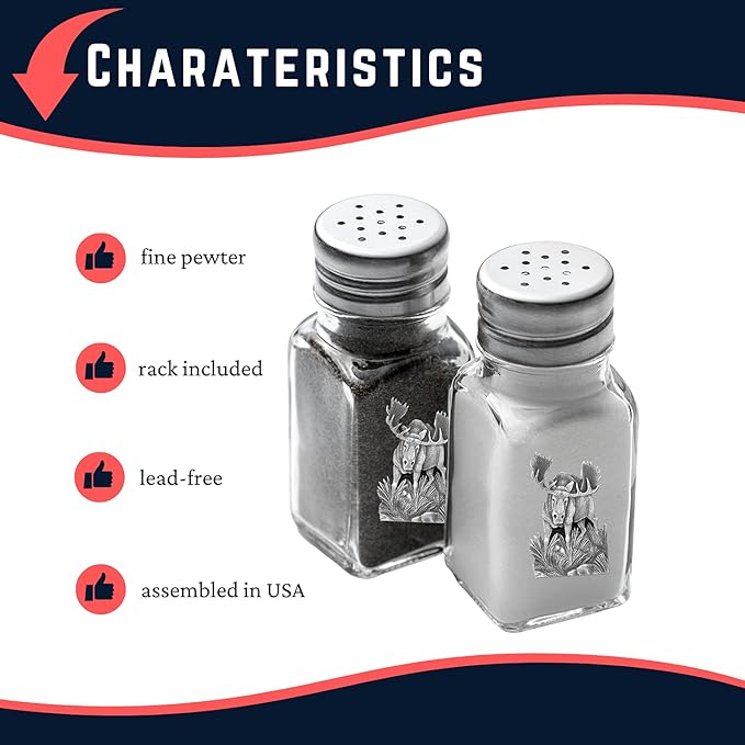 Heritage Pewter Moose Salt and Pepper Shaker Set of 2 Bottles | Expertly Crafted Pewter Glass