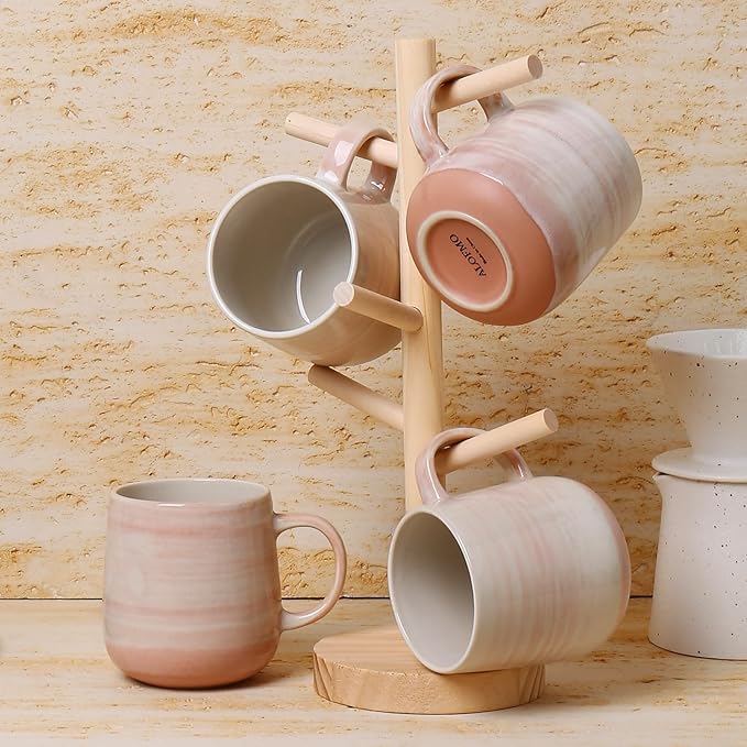 Coffee Mugs, Set of 4 Pink Ceramic Mugs with Subtle Stripe Texture - 12oz Cups, Microwave & Dishwasher Safe, Modern Minimalist Design for Home, Office, Gift Giving