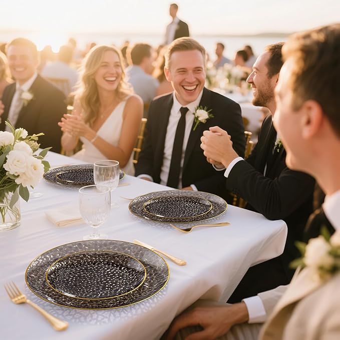 DaYammi 60 Pieces Black Gold Plastic Plates - 10 inch Clear Dinner Plates - Hammer Pattern Design - Fancy Clear Black and Gold Disposable Plates for Party and Wedding