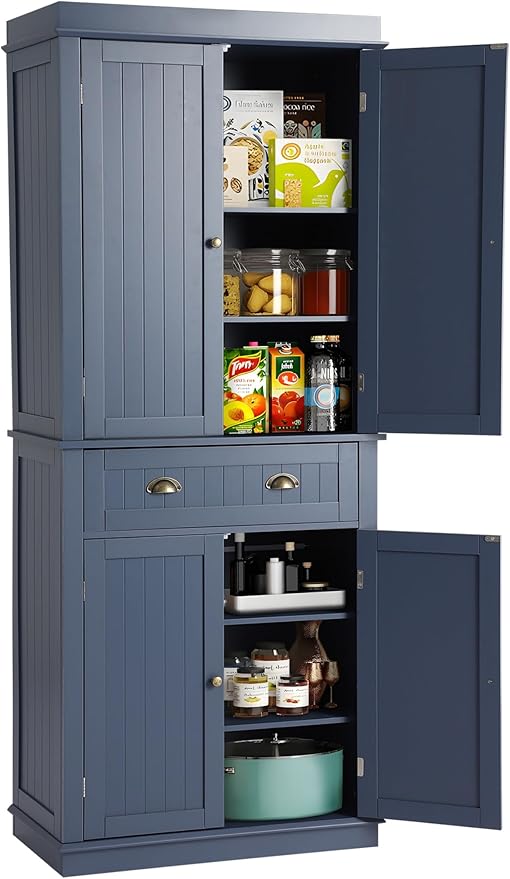 72" Kitchen Pantry Storage Cabinet, Freestanding Cupboard with 2 Cabinets, Drawer and Adjustable Shelves, Tall Storage Cabinet for Kitchen, Dinning Room, Living Room (Dusty Blue)