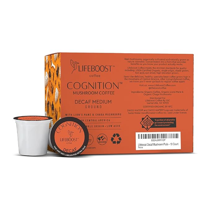 Lifeboost Cognition Decaf Mushroom Coffee Pods ??Organic Low Acid Decaf K-Cups with Lion?셲 Mane & Chaga Adaptogens ??Nootropic Coffee for Focus, Energy & Immune Support ??10 Count