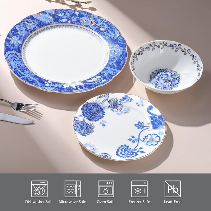 Exquisite ceramic tableware 3 Piece Bone China Modern Round Dishes Sets,Dinnerware dishset for Kitchen,Dinner Plate,Dessert Plate,Soup Bowl,Blue flowers