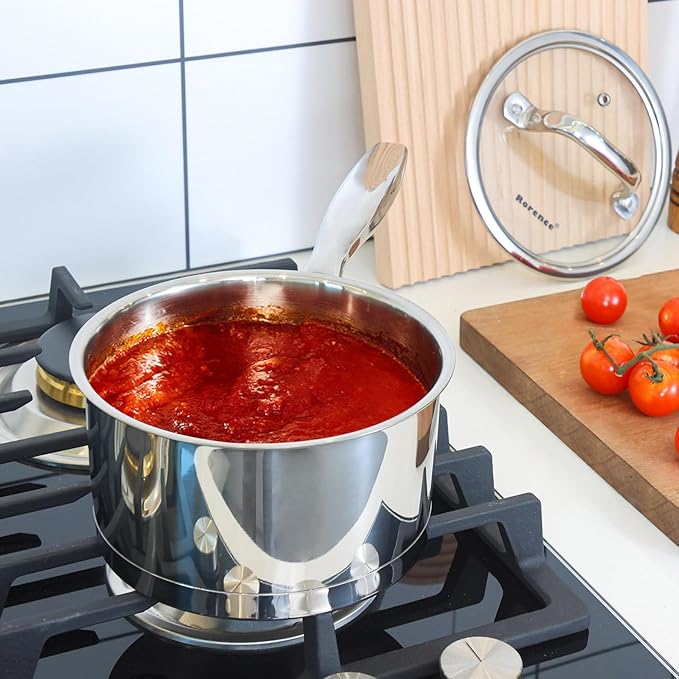 Rorence 1.5 QT Stainless Steel Saucepan, Sauce Pan with Clear Transparent Tempered Glass Lid for Sauce Gravy Pasta Vegetable, Induction Small Cooking Pot for All Stoves, Oven & Dishwasher Safe