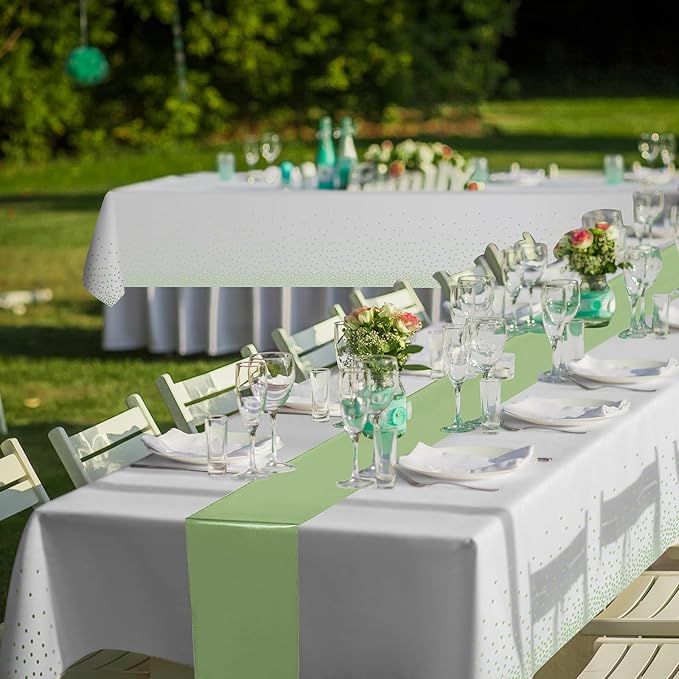 16Pack Plastic Tablecloths and Satin Table Runner Set Disposable White and Sage Green Dot Table Cloth Green Satin Table Runner for Wedding Birthday Baby Shower Anniversary Holiday Party Decorations