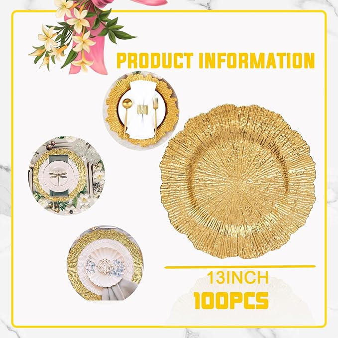 MDH 12 Pcs Gold Charger Plate 13 in Round Matte Reef Plate Charger Ruffled Rim Dinner Charger Hollow out Flower Holde (12)