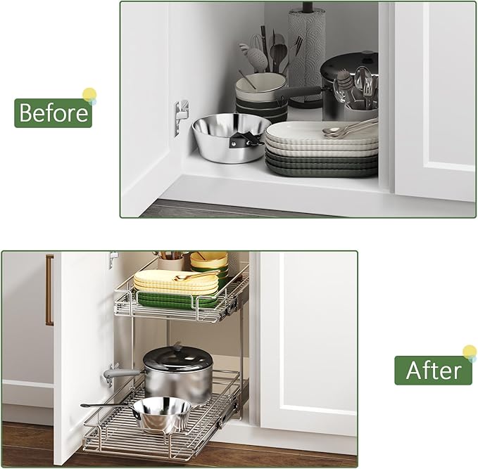 2 Tier Individual Pull Out Cabinet Organizer 12쩍" W x 21쩍" D, Heavy Duty Cabinet Pull Out Shelves, Slide Out Drawers Organization for Kitchen Cabinets Bathroom