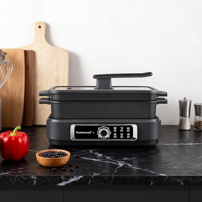 Slow Cooker, Techwood Electric Skillet 7.5-Quart Extra-large Capacity Multi-Cooker with 5-Level Heat Settings, Come with Non-stick Skillet Pan & Cooking Pot, Dishwasher Safe, Black