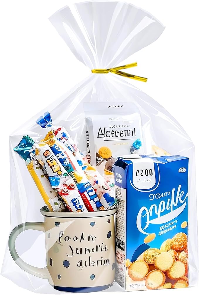 PigPotParty Cellophane Bags, Clear Gift Bags, Bottom Gusset for Stand-Up Display, Plastic Cellophane Gift Wrap, Ideal for Goodies, Treats, Party Favors, Mugs, Includes Ties (10x14, 50 Pack)