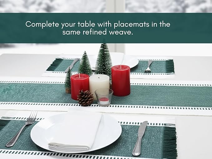PurpleEssences Table Runner - Wide with Dobby Stripe, Heavy Ribbed Weave & Double Knot Fringes, 14x72 Inch (14x77.5 with Fringes) Farmhouse Decor - Christmas Holiday Winter -Forest Green and White