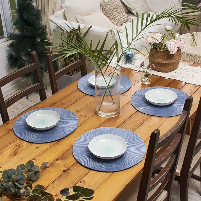 AHHFSMEI Round Braided Placemats 15 Inch Round Table Mats for Dining Tables Natural Woven Heat Resistant Place mats Set of 8 (Light Blue,8)