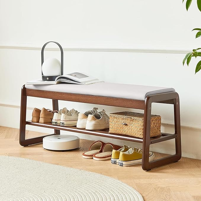 Fetuero Solid Wood Shoe Bench, 2-Tier Wooden Storage Entryway Bench, Small Entryway Bench, Mid-Century Modern Bedside Bench with Faux Leather Cushion for Dining Room Living Room, Cream Grey 21.65''
