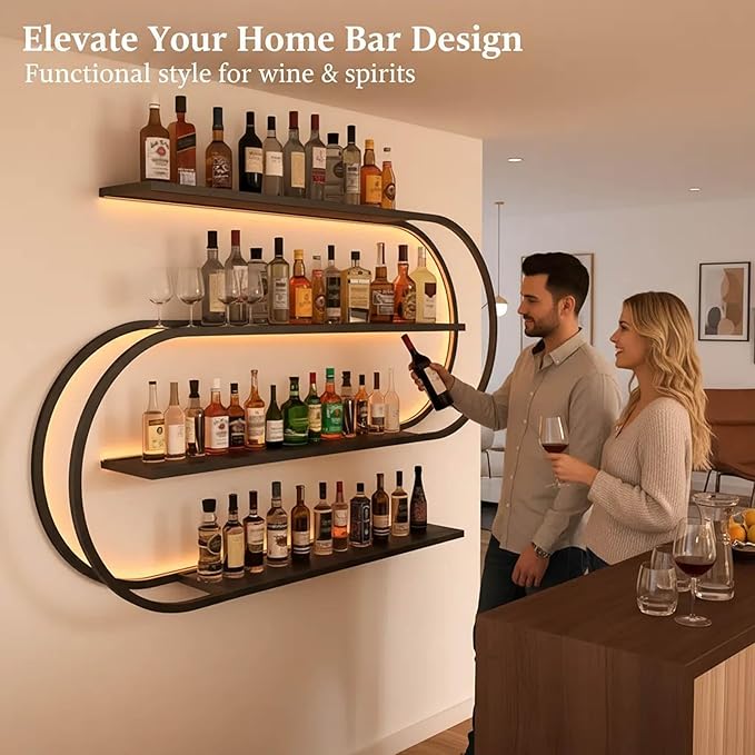 59in Wall Mounted Metal Wine Rack, Floating Wine Bottle Stand 4-Tier, Black Industrial Bar Liquor Bottle Display Shelf,for Home Bar Storage and Display (59in)