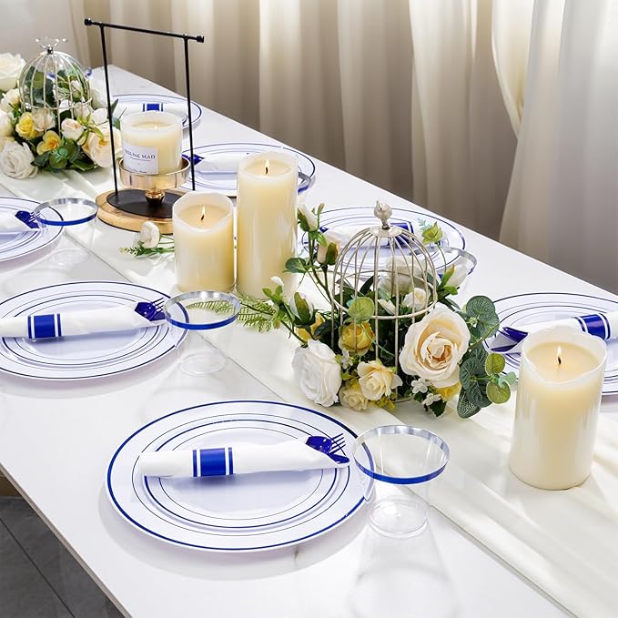 WELLIFE 350 Pieces Blue Plastic Plates - Disposable Silverware and Cups, Include: 50 Dinner Plates 10.25?? 50 Dessert Plates 7.5?? 50 Blue Cups 9 OZ, 50 Plastic Cutlery
