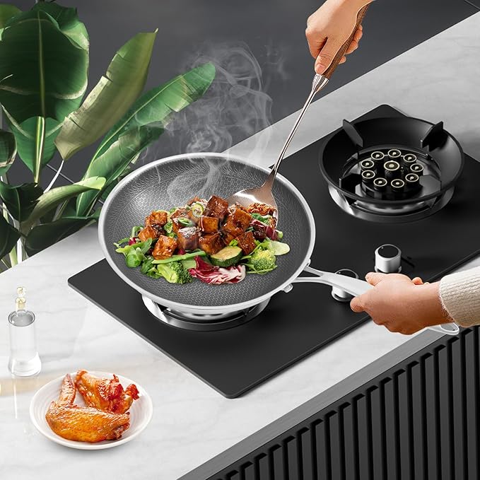 SUS 316 Stainless Steel Wok, Nonstick Frying Pan & Skillet with Lid, Induction Compatible Cookware, Honeycomb Wok Pan for Stir-Frying Saut챕ing Home Kitchen Camping Cooking (32cm)