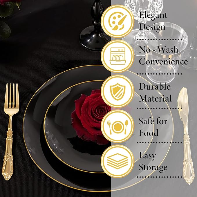 Nervure 100PCS Black and Gold Plastic Plates - 10.25 inch Black Disposable Plates - Gold Rim Dinner Plate - Black Dinner Plate Ideal for Wedding & Party & New Year