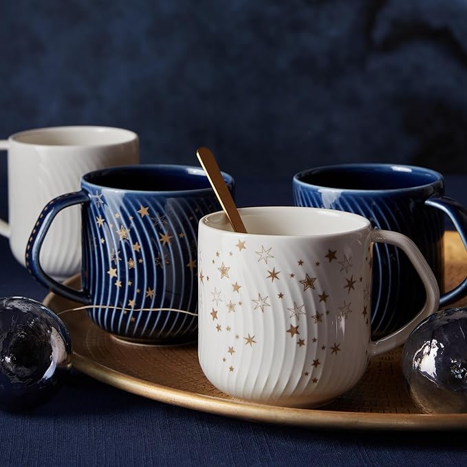 Denby - Porcelain Arc Blue Stars Coffee Mug Set of 4-13.5oz Gold Pattern Tea Mug Set For Office & Home - Dishwasher Safe, Microwave Safe - Ceramic Cups With Blue Glaze