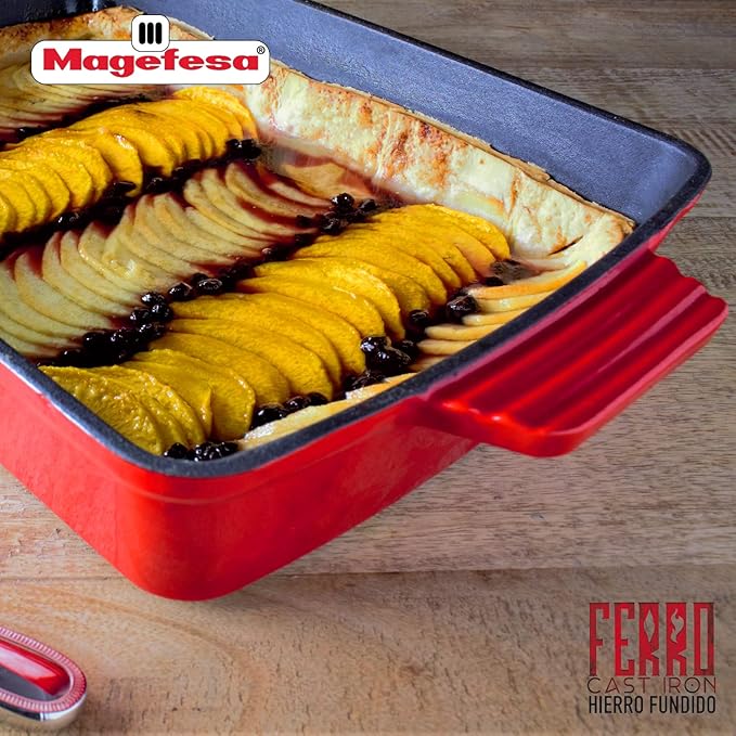 Magefesa FERRO 13.4-Inch Enameled Cast Iron Red Baking Pan, Superior Heat Retention & Distribution, Compatible with All Cooktops, Induction & Oven Safe, Energy-Efficient, Durable, Easy to Clean