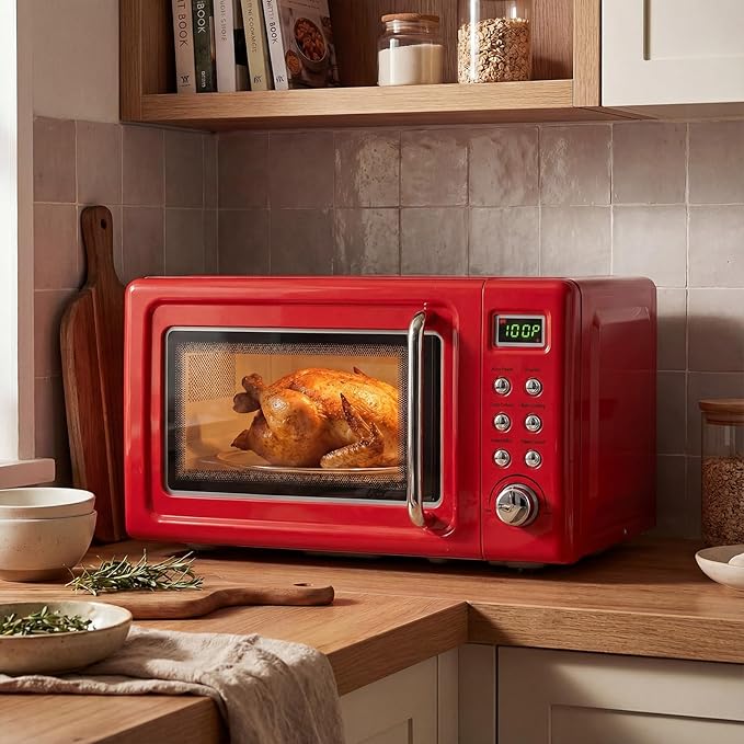 ARLIME Retro Microwave 0.7Cu.ft, 700 Watt Countertop Microwave with 5 Micro Power Defrost & Auto Cooking Function, LED Display, Child Lock, Small Microwave for Kitchen, RV, Dorm (Retro Red)