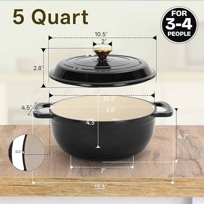 Cast Iron Dutch Oven, 5 Quart, Black, Enameled, Round, Oven Safe, Includes Silicone Mitts